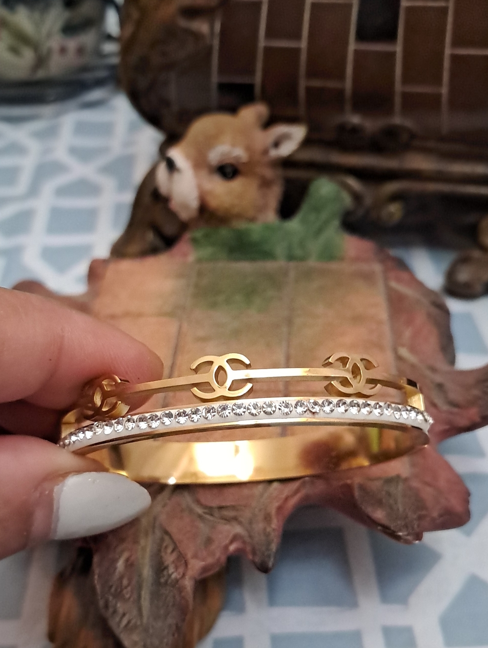 Fashion Jewelry Gold-Tone Double Bracelet with Clear Crystal Row